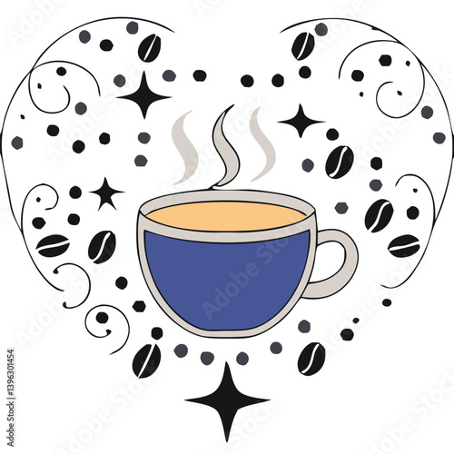 Heart Shaped Coffee Designs – Romantic Coffee Cup Illustrations with Beans, Steam, and Decorative Elements for Café Branding and Valentine’s Day.