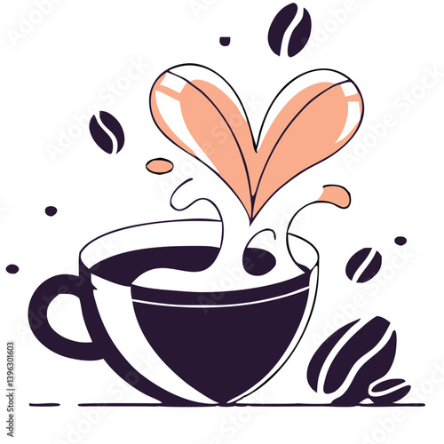 Heart Shaped Coffee Designs – Romantic Coffee Cup Illustrations with Beans, Steam, and Decorative Elements for Café Branding and Valentine’s Day.