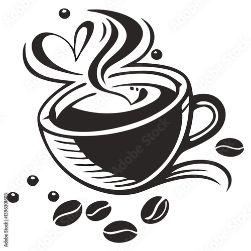 Heart Shaped Coffee Designs – Romantic Coffee Cup Illustrations with Beans, Steam, and Decorative Elements for Café Branding and Valentine’s Day.