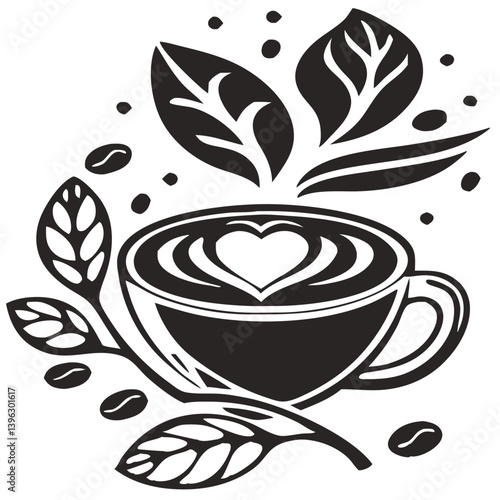 Heart Shaped Coffee Designs – Romantic Coffee Cup Illustrations with Beans, Steam, and Decorative Elements for Café Branding and Valentine’s Day.