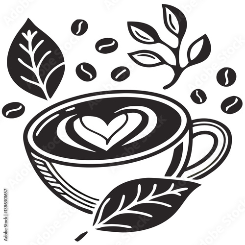 Heart Shaped Coffee Designs – Romantic Coffee Cup Illustrations with Beans, Steam, and Decorative Elements for Café Branding and Valentine’s Day.