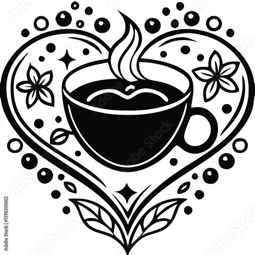 Heart Shaped Coffee Designs – Romantic Coffee Cup Illustrations with Beans, Steam, and Decorative Elements for Café Branding and Valentine’s Day.