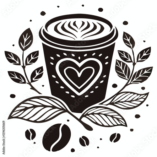 Heart Shaped Coffee Designs – Romantic Coffee Cup Illustrations with Beans, Steam, and Decorative Elements for Café Branding and Valentine’s Day.