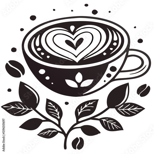 Heart Shaped Coffee Designs – Romantic Coffee Cup Illustrations with Beans, Steam, and Decorative Elements for Café Branding and Valentine’s Day.