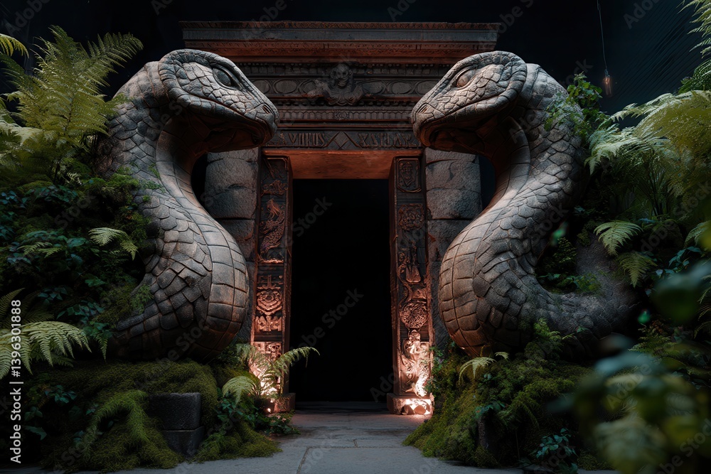 Obraz premium Ancient stone serpent statues guarding a mystical entrance.