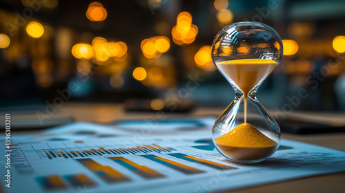 
Hourglass placed on blurred background of bar graph over financial documents symbolizes time management and financial planning, highlighting urgency and strategy in modern budgeting.

