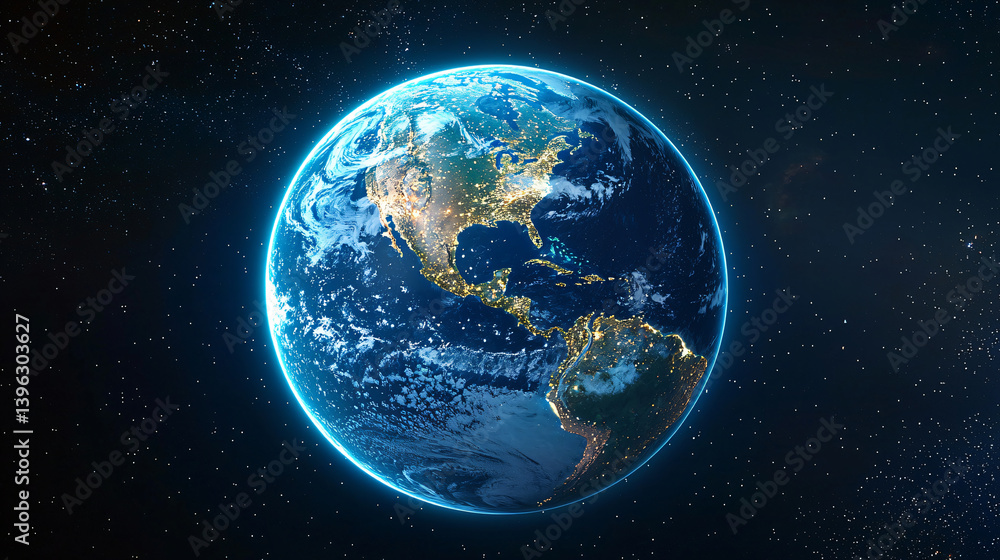 Obraz premium Illuminated Earth Globe View From Space High Detail Night Lights Continents And Oceans Display