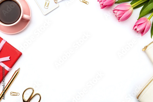 pink cup of coffee a pink notebook a pair of scissors a pen a pencil case a notebook paper clips and a pink tulip on a white table