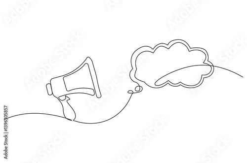 Continuous one line drawing of Public horn speaker with bubble. Single line drawing illustration of Megaphone with chat bubble. Balloon dialog speak concept vector art. Doodle line illustration.