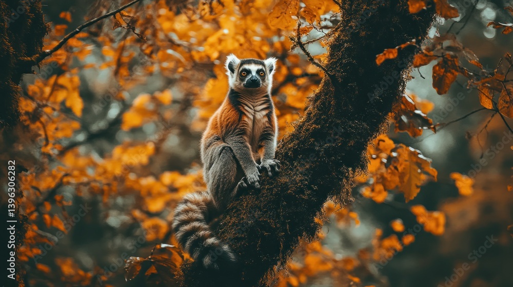 Fototapeta premium A lemur perched on a tree branch, surrounded by autumnal foliage. The lemur is in sharp focus, while the background is a soft bokeh of warm fall colors