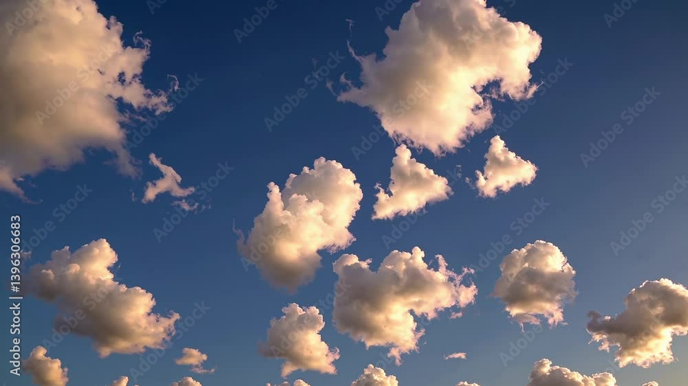 Fluffy clouds drift across a clear blue sky at sunset
