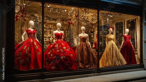 Luxury Christmas themed boutique storefront elegant mannequins red and gold gowns twinkling holiday window display opulent shopping district