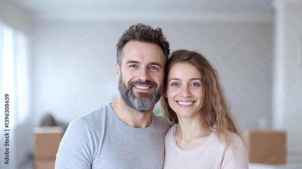 Happy couple smiling in their new home Happy couple smiling in their new home