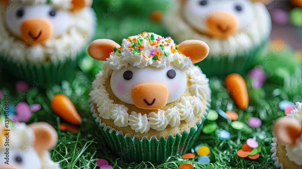 Adorable lamb-shaped cupcakes on a bed of green grass, surrounded by pastel confetti and tiny edible carrots. Adorable lamb-shaped cupcakes on a bed of green grass, surrounded by pastel confetti and tiny edible carrots.