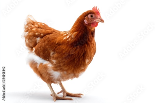 A brown hen stands alone against a white background, showcasing its full body, perfect for farmers focusing on laying hens.