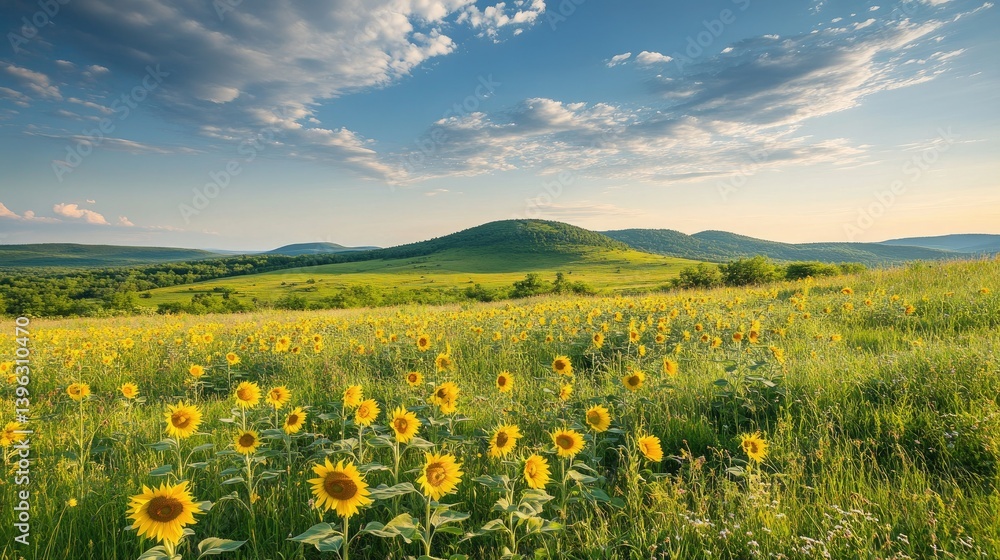 Obraz premium Blooming sunflowers under a perfect summer sky, rolling hills and mountain peaks completing the scenic background