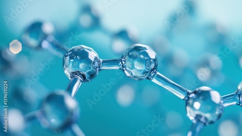 Molecular structure in blue background with translucent spheres.