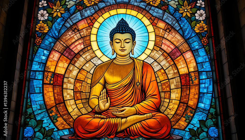 Obraz premium Stunning Stained Glass Buddha: Peaceful Meditation in Vibrant Colors