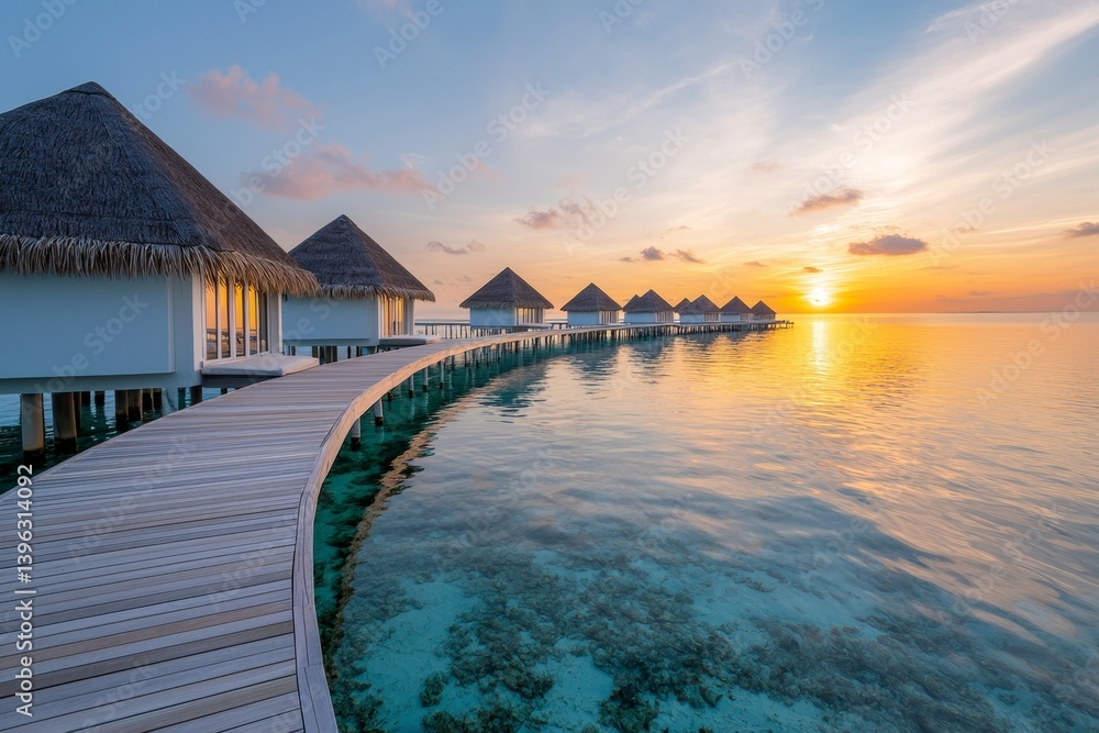 A beach with a wooden walkway leading to a row of small cabins A beach with a wooden walkway leading to a row of small cabins