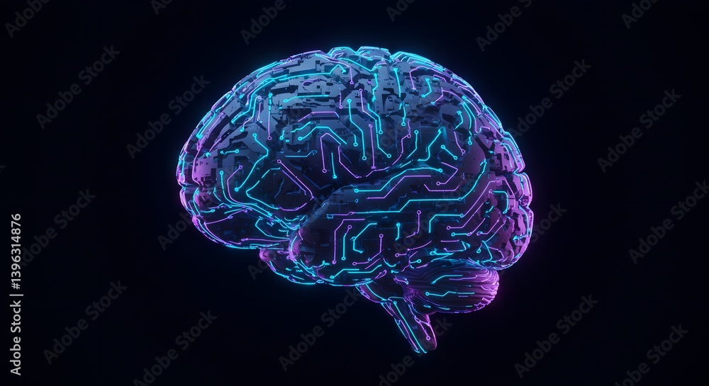 Futuristic AI brain made of glowing circuits on dark background digital photo Futuristic AI brain made of glowing circuits on dark background digital photo