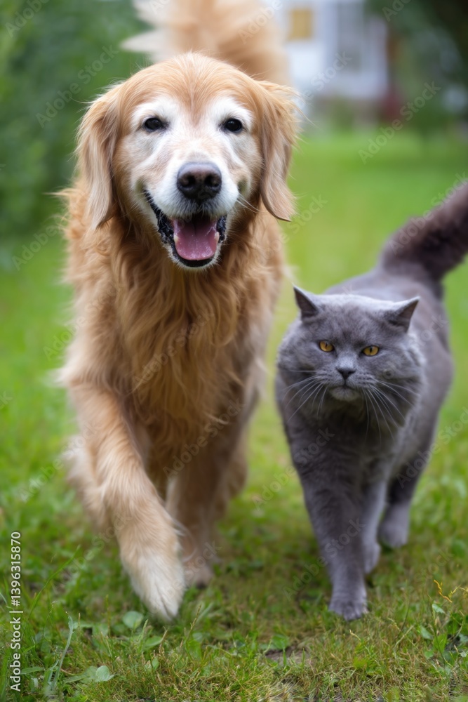 A cheerful golden retriever frolics joyfully with an elderly gray cat. A cheerful golden retriever frolics joyfully with an elderly gray cat.