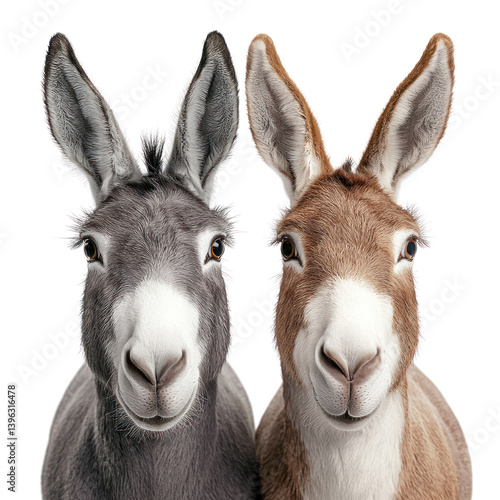 Curious donkeys in close-up farmstead animal portraits natural habitat eye-level view whimsical charm