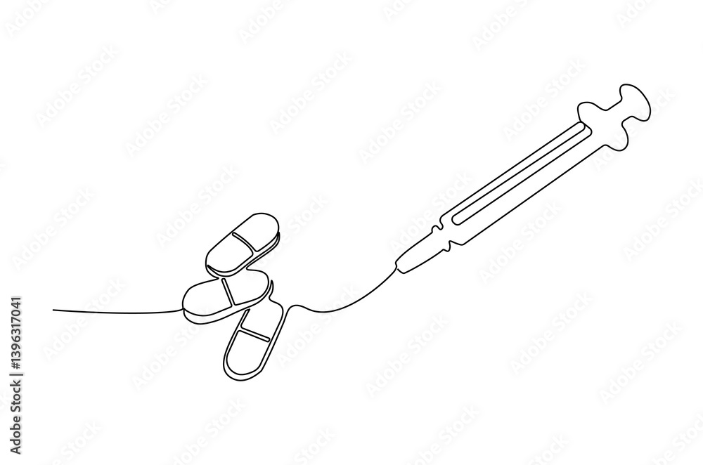 Continuous one line drawing of medicine in the medical syringe. Single line drawing illustration of Pills with syringe. Medical drugs concept vector art. Doodle line illustration. Continuous one line drawing of medicine in the medical syringe. Single line drawing illustration of Pills with syringe. Medical drugs concept vector art. Doodle line illustration.