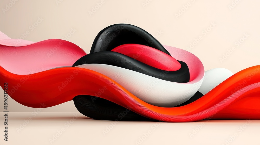 Abstract Red Black White 3D Shapes Flowing Beige Background Abstract Red Black White 3D Shapes Flowing Beige Background