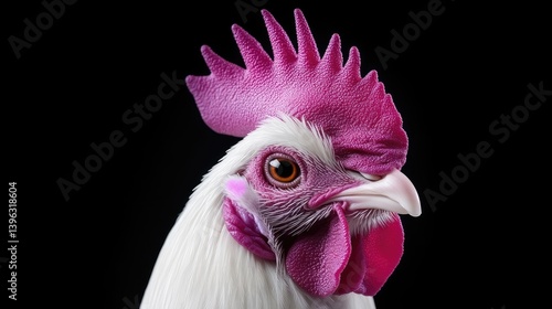 Close-up portrait of a rooster with vibrant pink comb and wattles