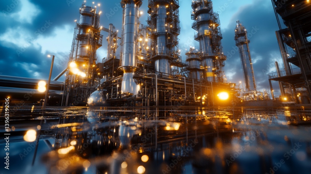 Refinery Scene Gleaming metal structures glow under a cloudy sky, reflected in water Refinery Scene Gleaming metal structures glow under a cloudy sky, reflected in water