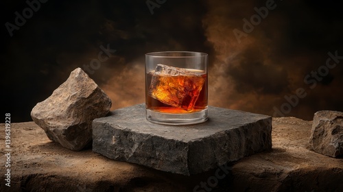 Amber Liquid in Rocks Glass on Dark Stone and Sand
