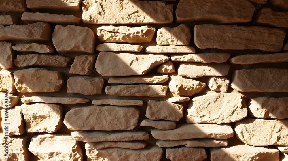Fototapeta premium Sunlight creating shadows on a textured stone wall