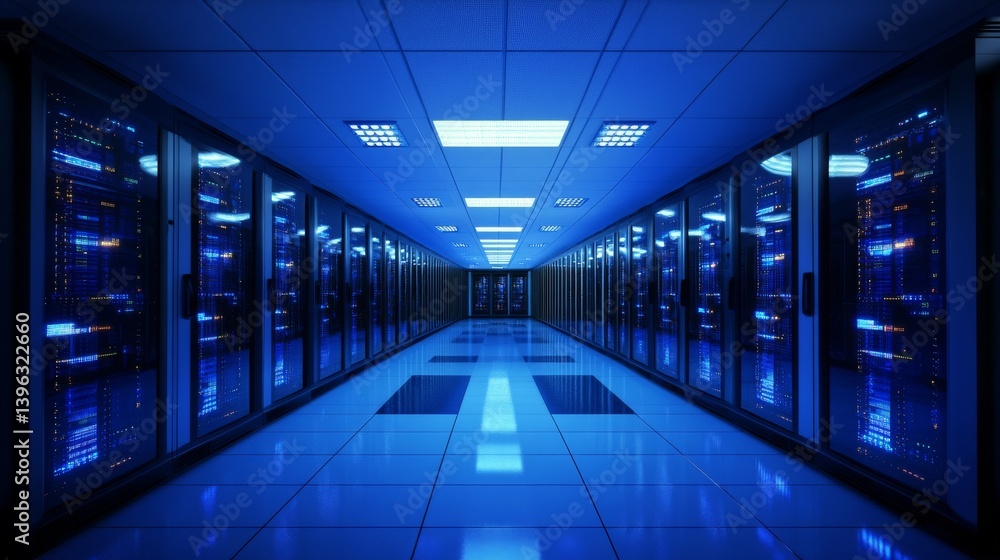 Fototapeta premium Server room corridor. Servers line the walls, illuminated by bright blue light. Floor tiled. Futuristic, digital