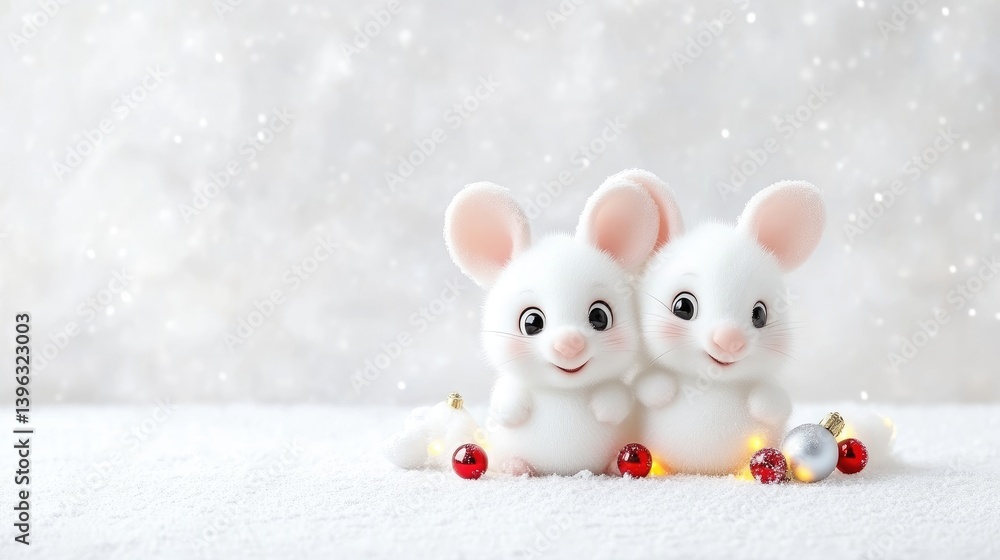 Festive white mice figurines on snowy backdrop. Cute, Christmas, and adorable decorations Festive white mice figurines on snowy backdrop. Cute, Christmas, and adorable decorations