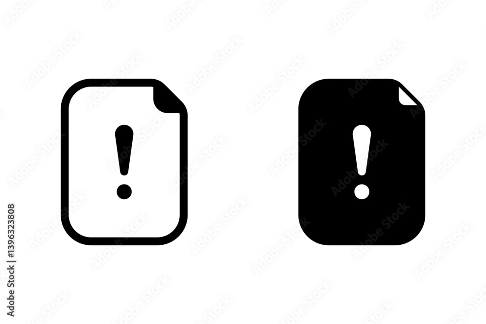 collection of exclamation point on a document or page icon. Represents warning, error, problem, or urgent information collection of exclamation point on a document or page icon. Represents warning, error, problem, or urgent information