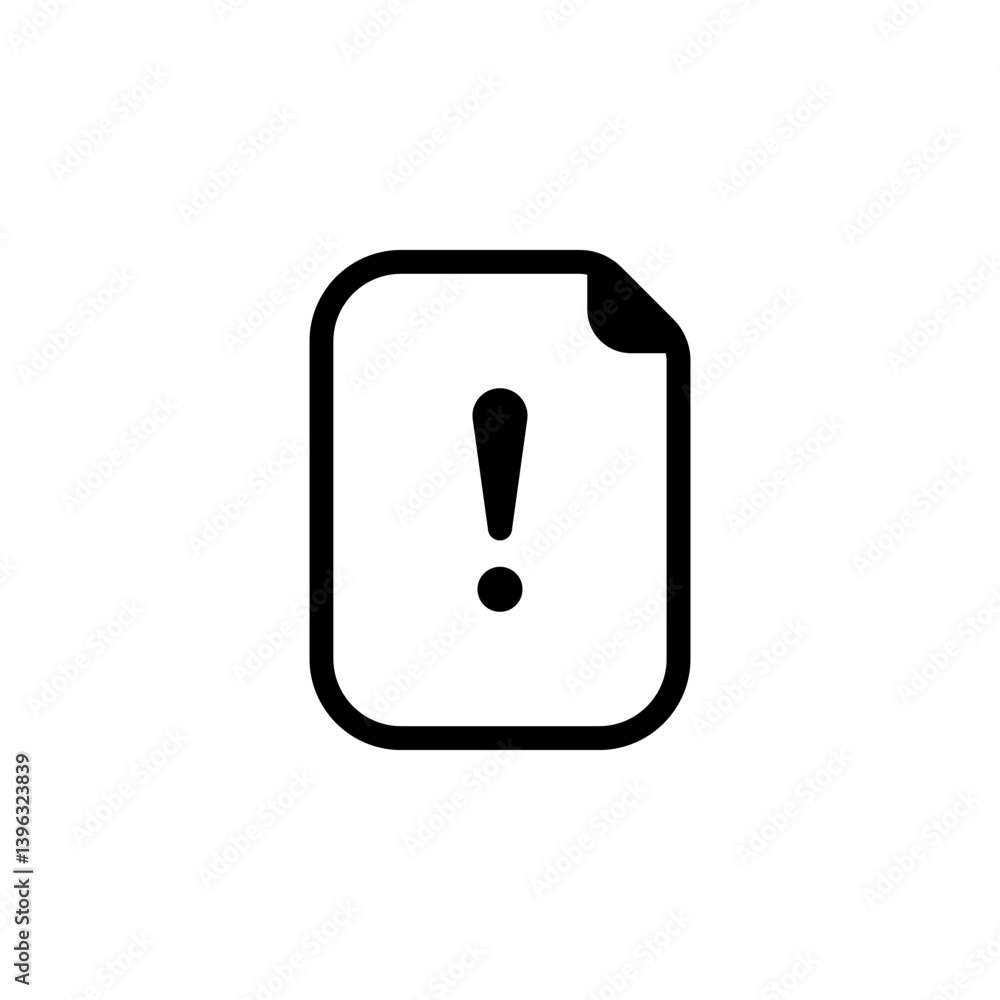exclamation point on a document or page icon. Represents warning, error, problem, or urgent information exclamation point on a document or page icon. Represents warning, error, problem, or urgent information
