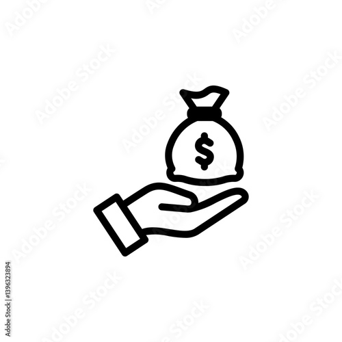 hand holding a money bag with a dollar icon. Represents concepts like investment, finance, wealth, and charity
