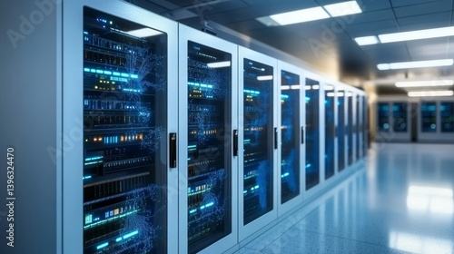 Servers A row of tall servers in a bright, clean server room, displaying colorful lights and network patterns