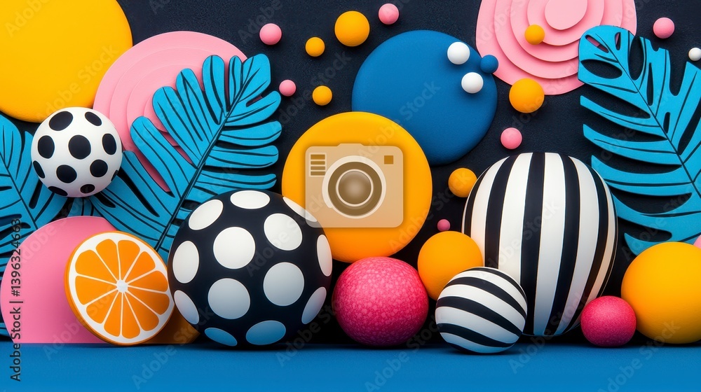 Naklejka premium Colorful 3D Render of Spheres and Tropical Leaves with Camera Icon