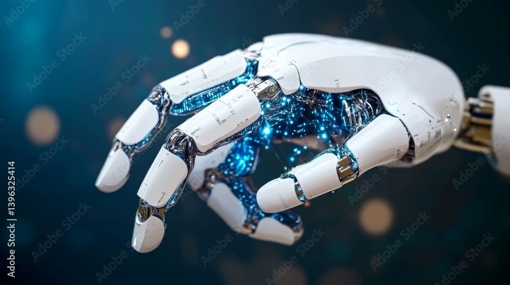 Sleek robotic hand with intricate details & glowing blue circuitry against a blurred, dark backdrop