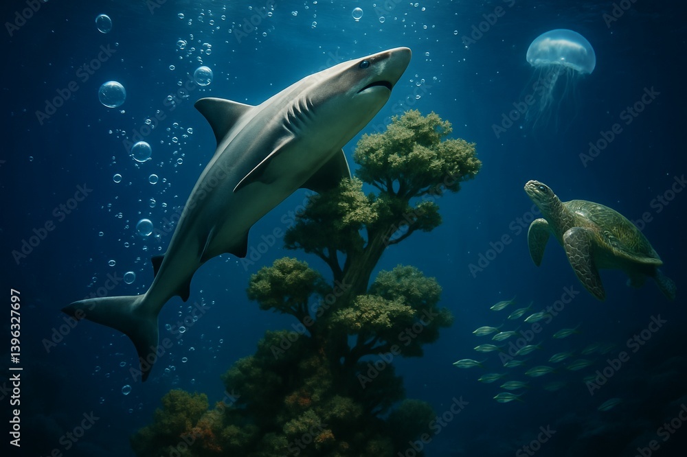 Fototapeta premium Underwater Scene Featuring a Shark, Turtle, and Jellyfish in a Coral Reef Environment