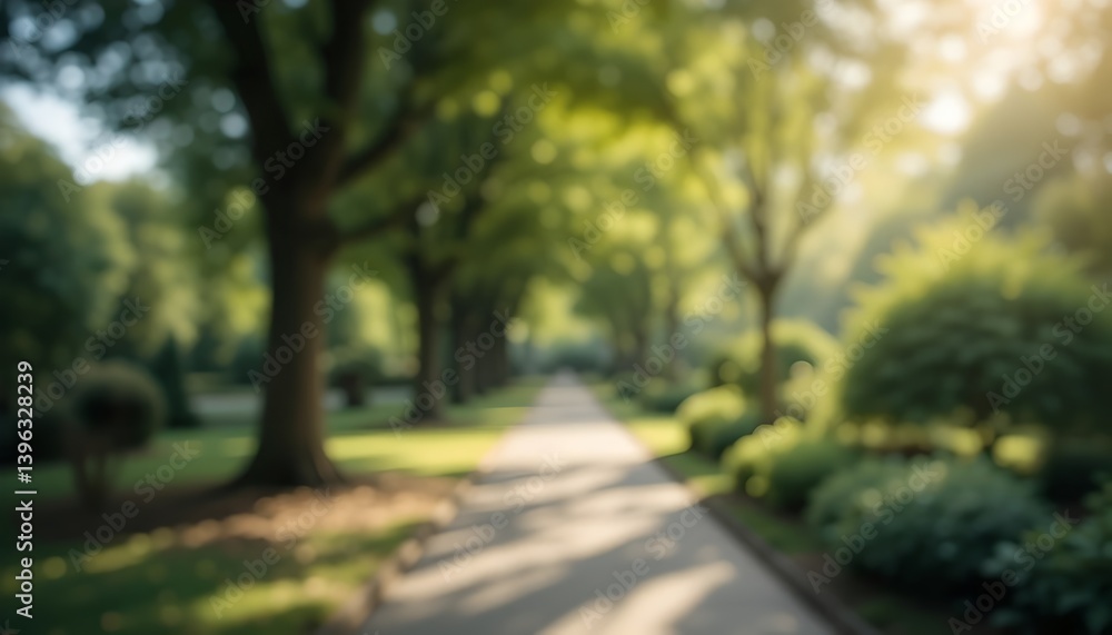 Obraz premium Softly blurred park garden background with trees, greenery, and dreamy bokeh for peaceful, natural atmosphere.
