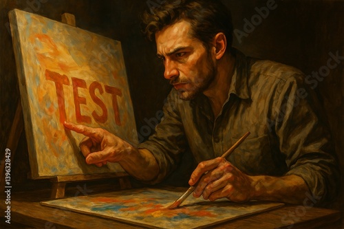 Artist Concentrating on a Canvas with the Word 'TEST' Painted in Bold Red