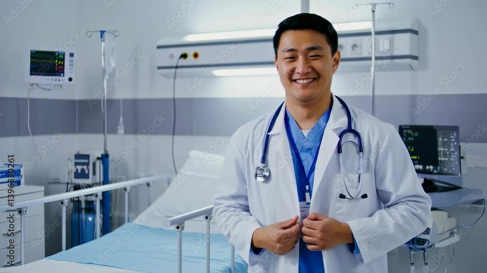 A doctor in white coat smiling and looking at camera, smile and career with success, healthcare and hospital A doctor in white coat smiling and looking at camera, smile and career with success, healthcare and hospital