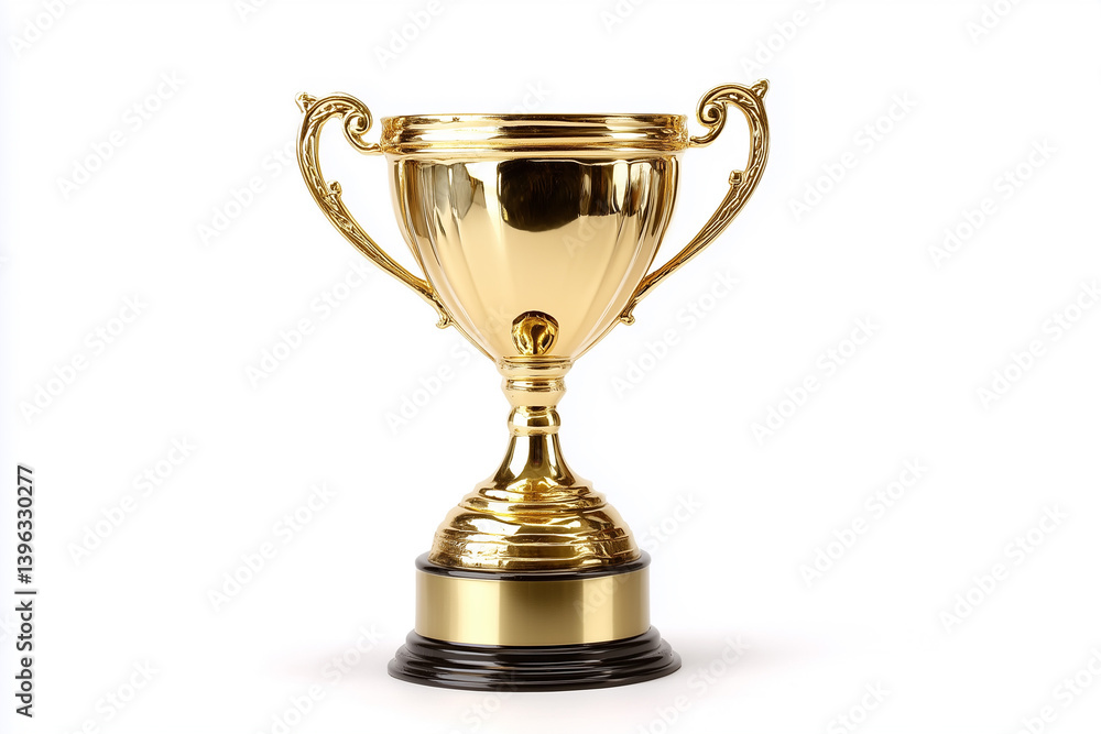 Shiny golden trophy displayed on a white background symbolizing achievement and excellence in competition Shiny golden trophy displayed on a white background symbolizing achievement and excellence in competition