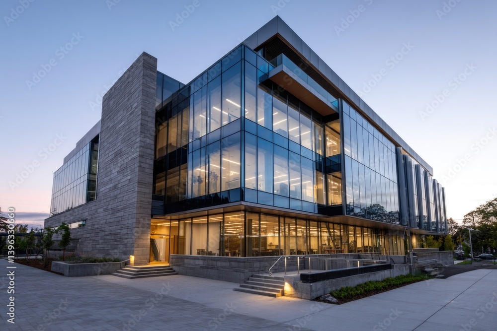A contemporary structure featuring a glass facade, showcasing an abstract and futuristic design. A contemporary structure featuring a glass facade, showcasing an abstract and futuristic design.