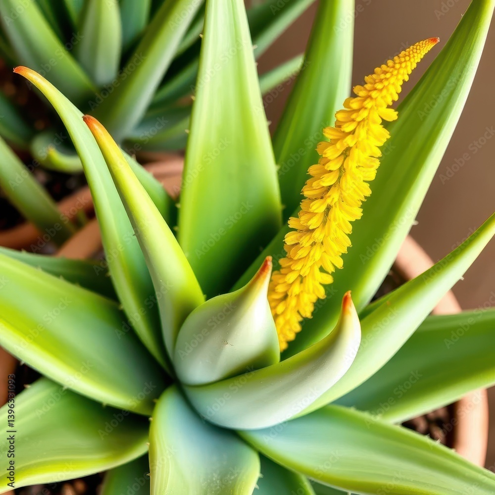 Obraz premium Succulent aloe vera plant with thick green leaves and vibrant yellow flower stalks, vertical, aloe vera, photo