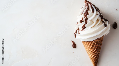 A chocolate soft serve ice cream cone with drips, set against a soft pink background, offering space for text in your next promotion
