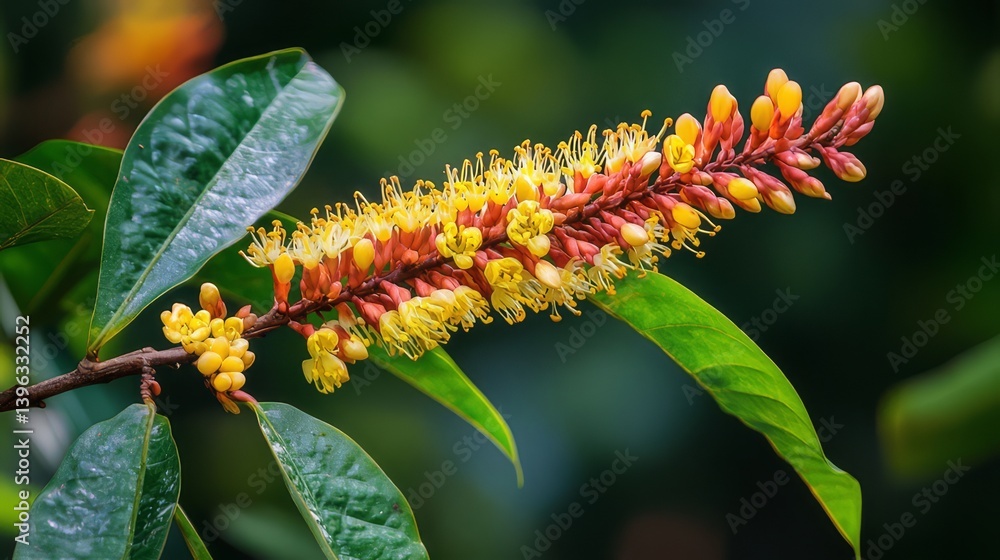 Naklejka premium Close-up shot of a branch featuring vibrant orange flowers with yellow stamens and lush green leaves showcasing tropical beauty.