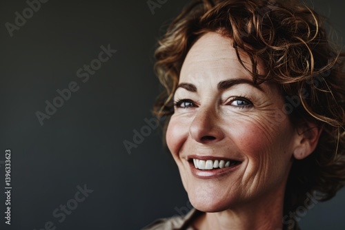 Obraz na płótnie Portrait of beautiful middle aged woman with curly hair smiling at camera w salonie
